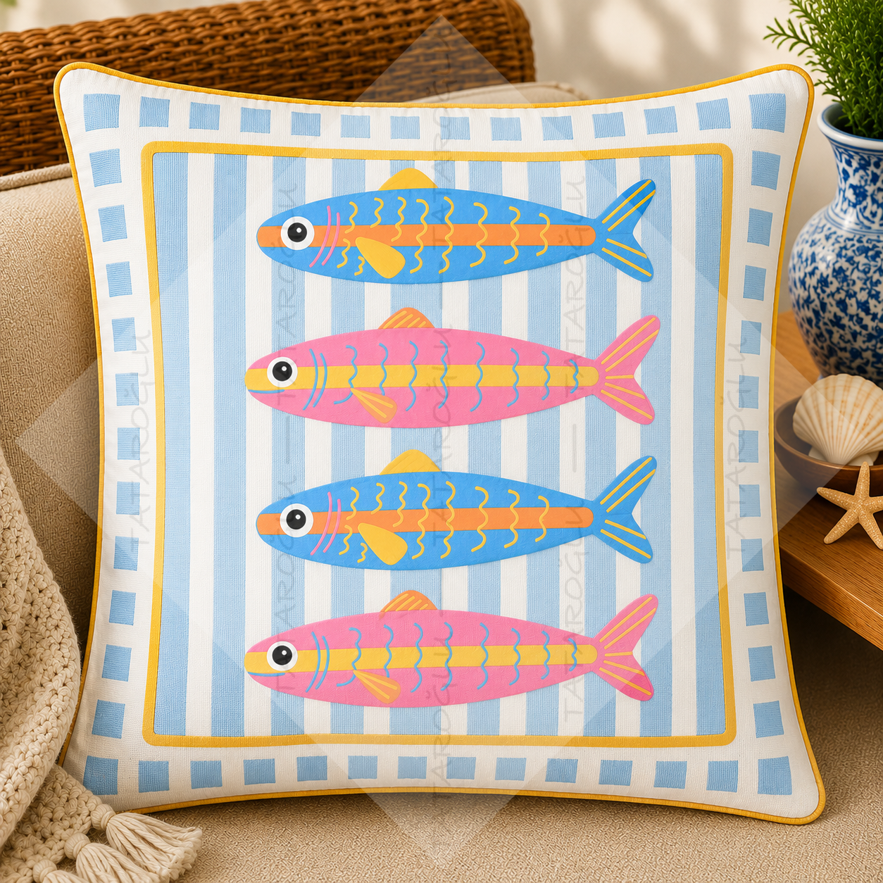 Renkli Balık Kırlent Paneli 45x45 cm 2'li Dikilmemiş Coastal Dekoratif Kırlent Paneli