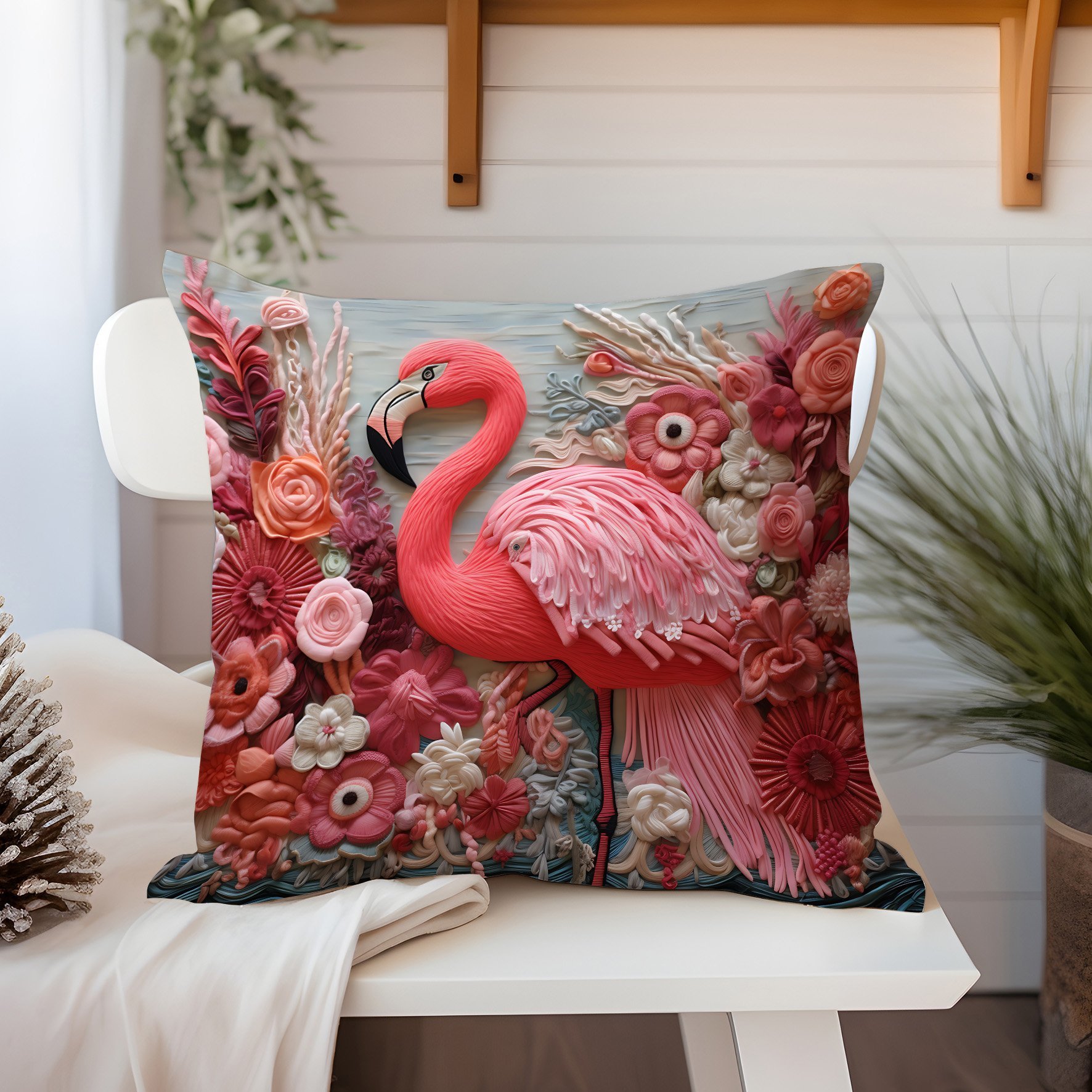 3D Flamingo Temalı Kırlent Paneli Dikilmemiş Kumaş