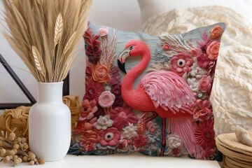 3D Flamingo Temalı Kırlent Paneli Dikilmemiş Kumaş