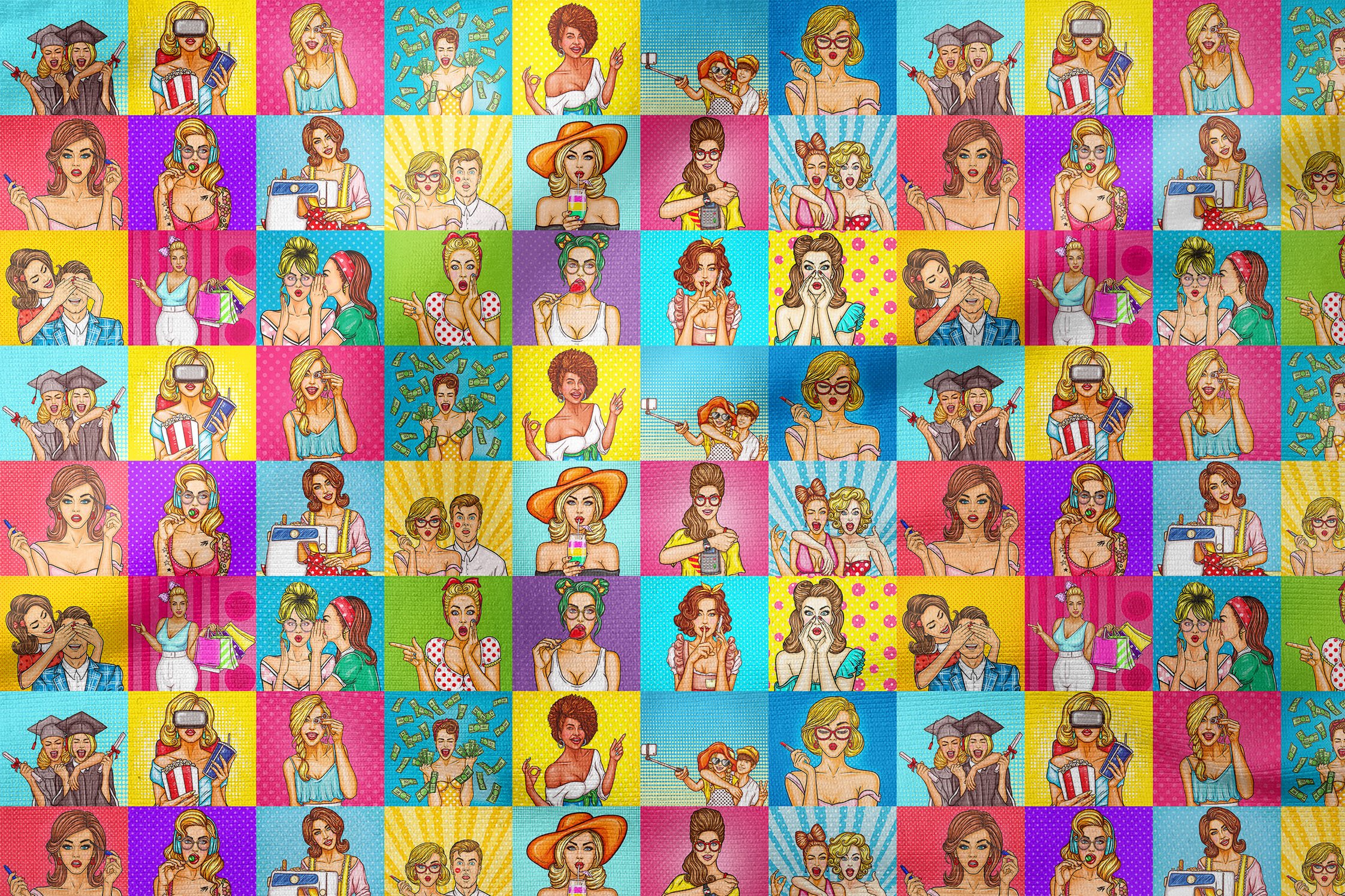 Renkli Karışık Popart Kızları Desenli Dijital Baskılı Kumaş