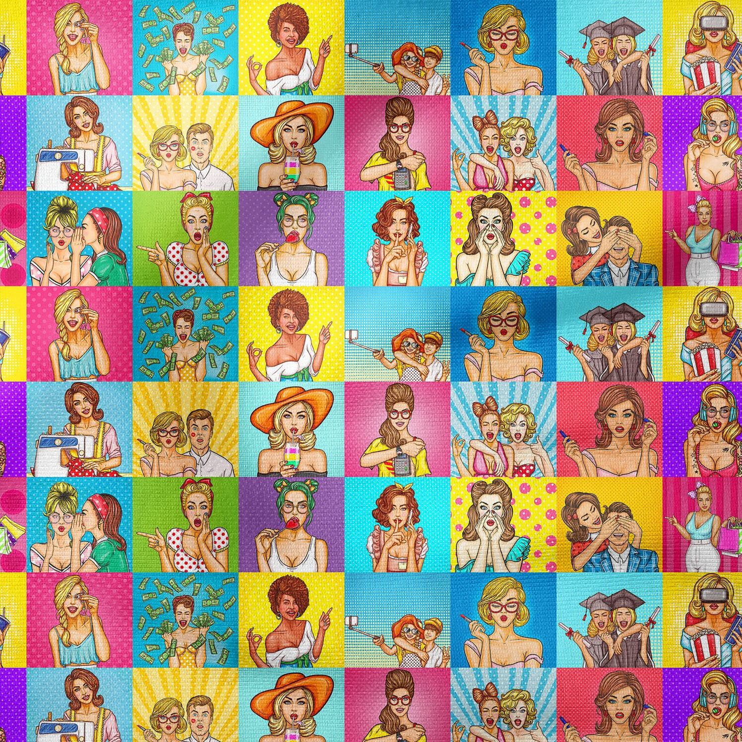 Renkli Karışık Popart Kızları Desenli Dijital Baskılı Kumaş