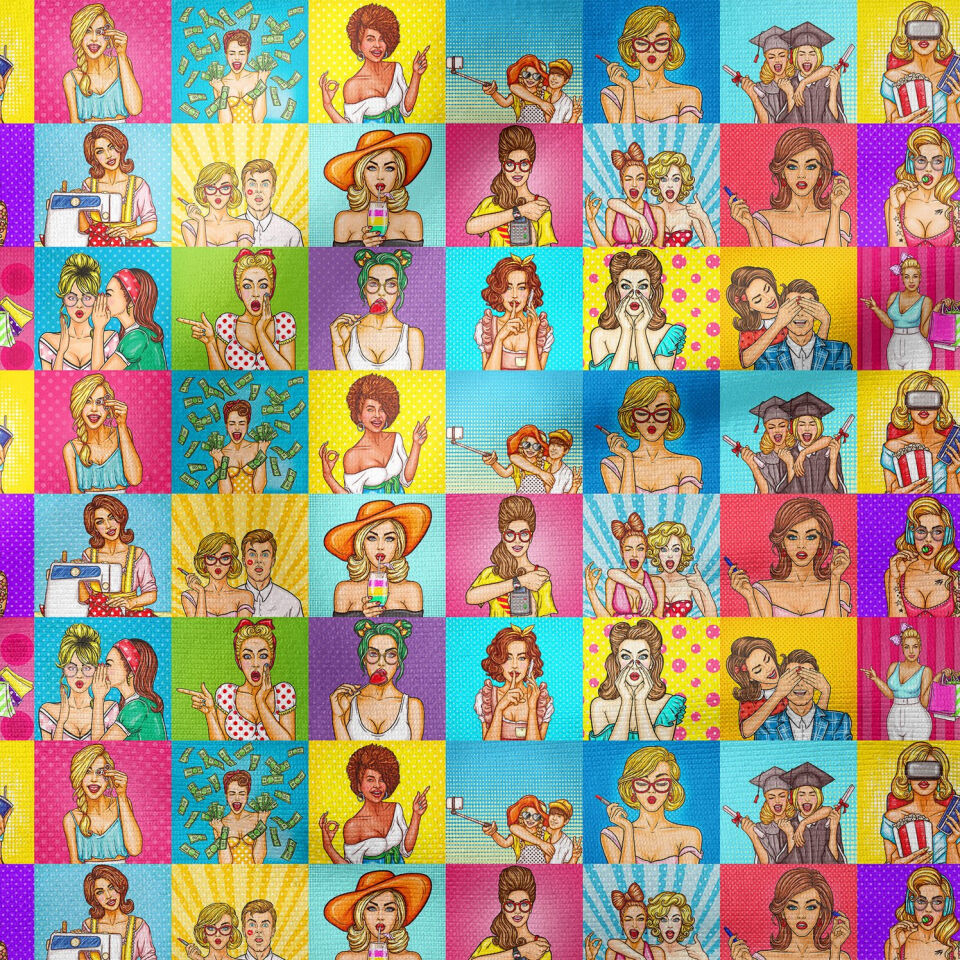 Renkli Karışık Popart Kızları Desenli Dijital Baskılı Kumaş