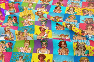 Renkli Karışık Popart Kızları Desenli Dijital Baskılı Kumaş