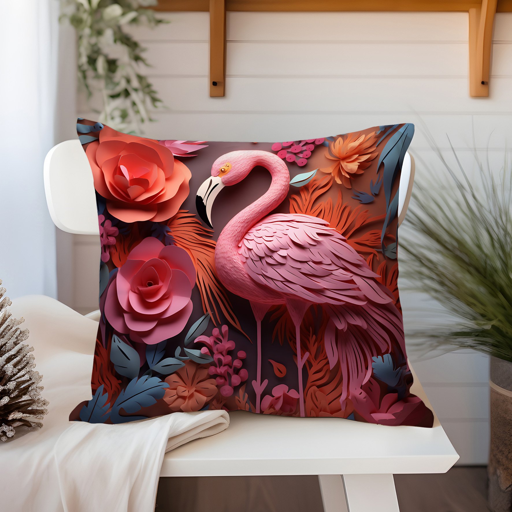 3D Flamingo Temalı Kırlent Paneli Dikilmemiş Kumaş