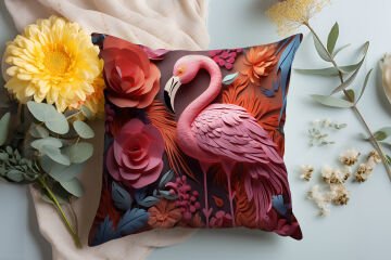 3D Flamingo Temalı Kırlent Paneli Dikilmemiş Kumaş