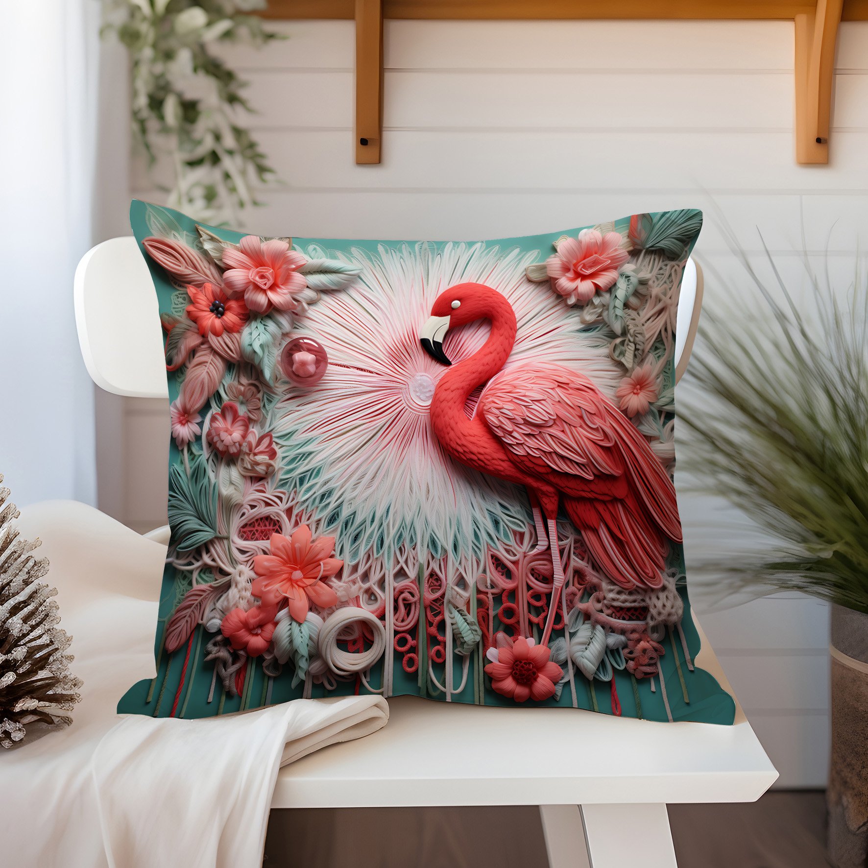 3D Flamingo Temalı Kırlent Paneli Dikilmemiş Kumaş