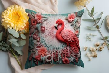 3D Flamingo Temalı Kırlent Paneli Dikilmemiş Kumaş