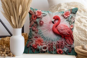 3D Flamingo Temalı Kırlent Paneli Dikilmemiş Kumaş