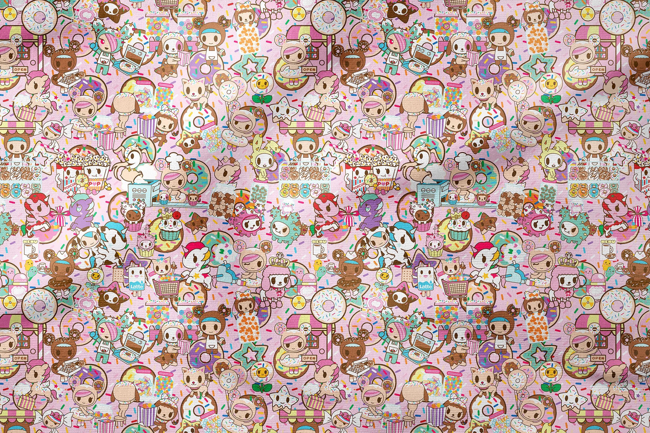 Pembe Zemin Üzerine Donatlı Şekerli Patlamış Mısırlı Dijital Baskılı Kumaş