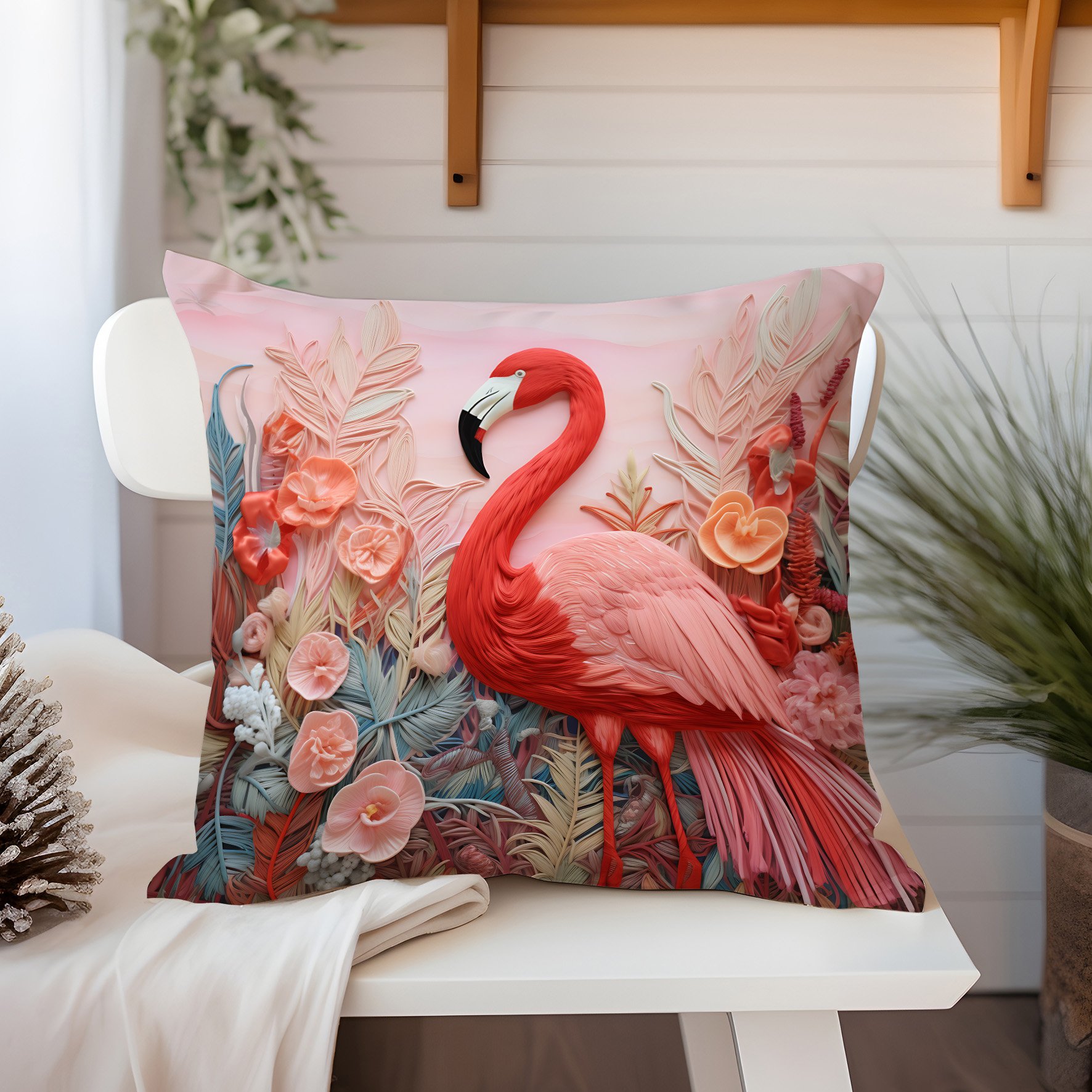 3D Flamingo Temalı Kırlent Paneli Dikilmemiş Kumaş