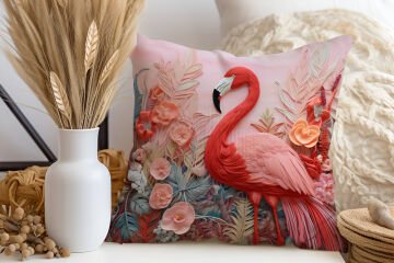 3D Flamingo Temalı Kırlent Paneli Dikilmemiş Kumaş