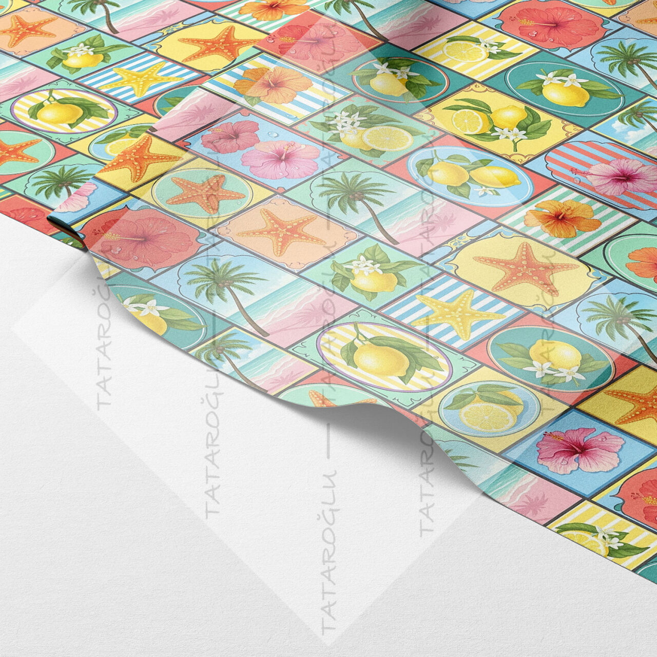 Akdeniz Patchwork Desenli Kumaş | Limon, Hibiskus ve Deniz Yıldızı Dijital Baskılı Dekoratif Kumaş