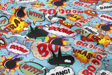 Mavi Zemin Üzerine Popart Desenli Dijital Baskılı Kumaş