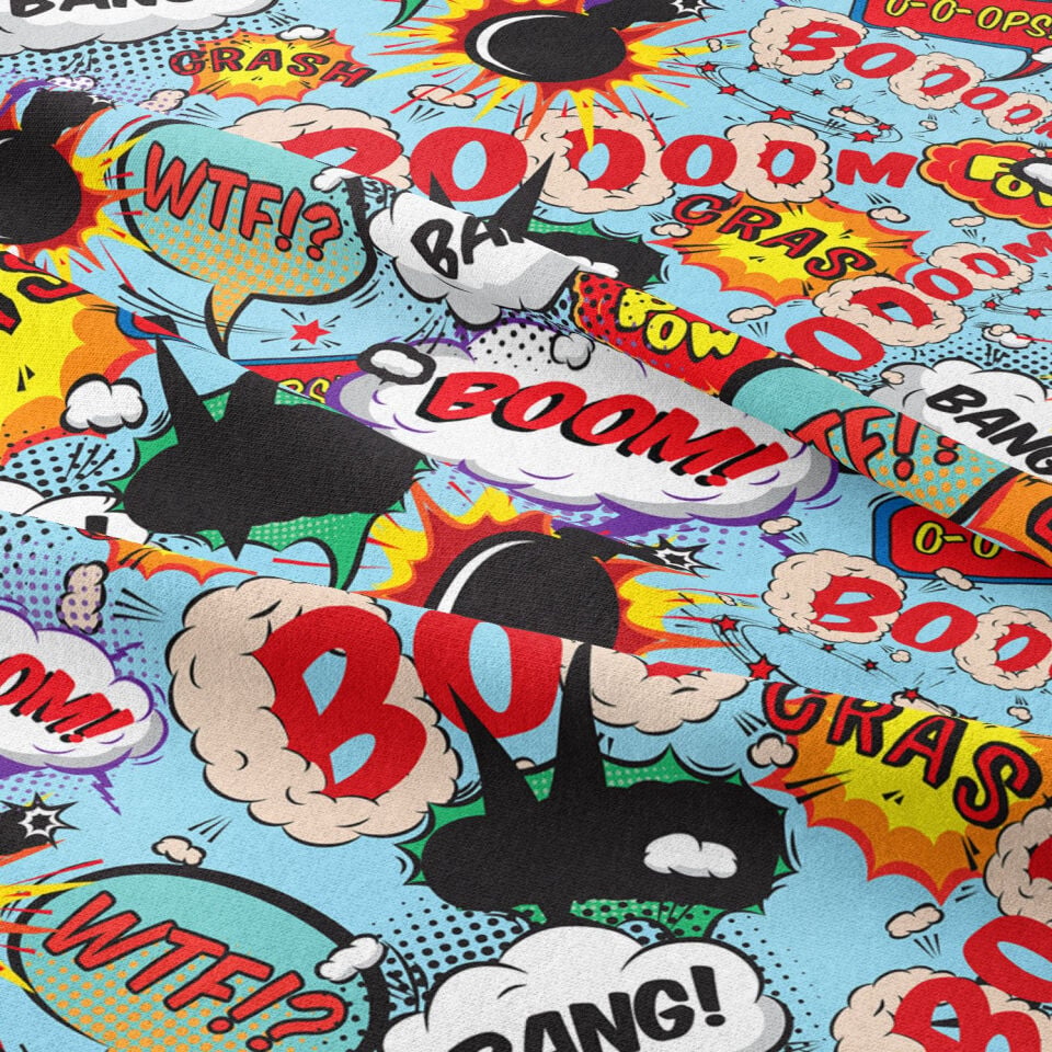 Mavi Zemin Üzerine Popart Desenli Dijital Baskılı Kumaş
