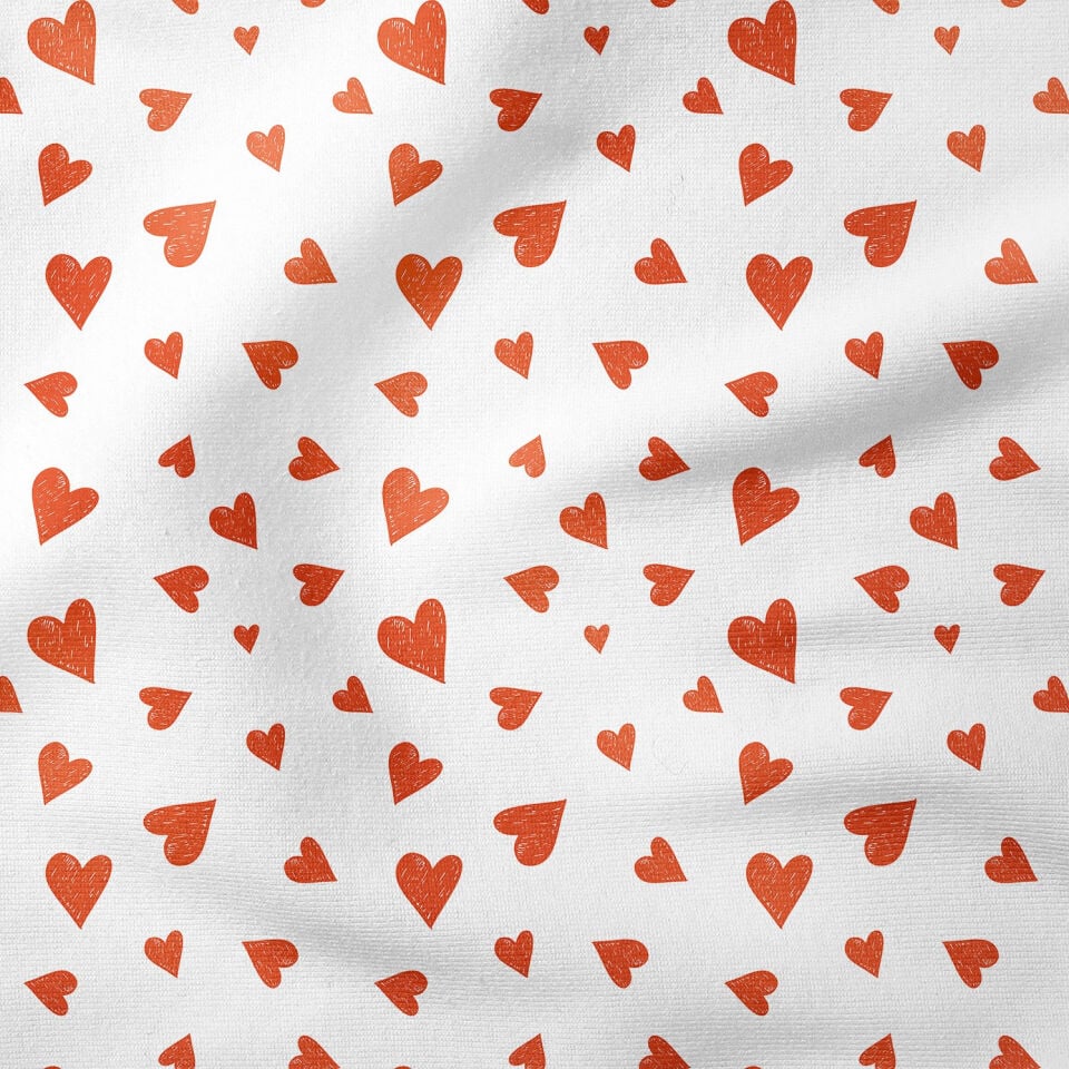Sevgililer Günü Koleksiyonu-Beyaz Zemine Kırmızı Kalpler Desenli Döşemelik Kumaş