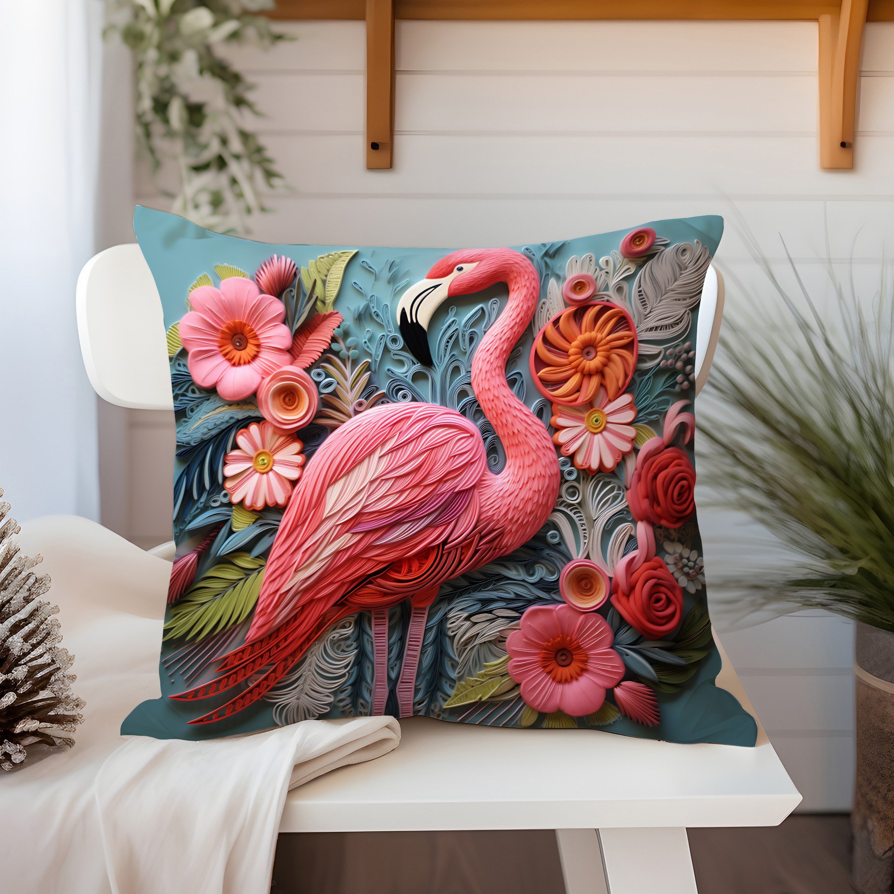 3D Flamingo Temalı Kırlent Paneli Dikilmemiş Kumaş