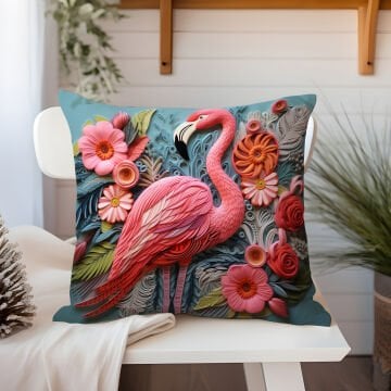 3D Flamingo Temalı Kırlent Paneli Dikilmemiş Kumaş