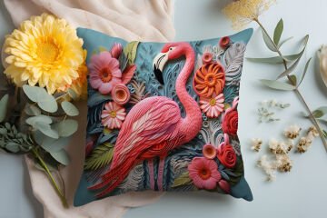 3D Flamingo Temalı Kırlent Paneli Dikilmemiş Kumaş