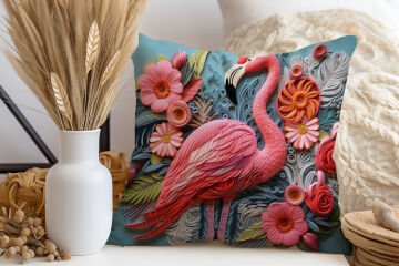 3D Flamingo Temalı Kırlent Paneli Dikilmemiş Kumaş