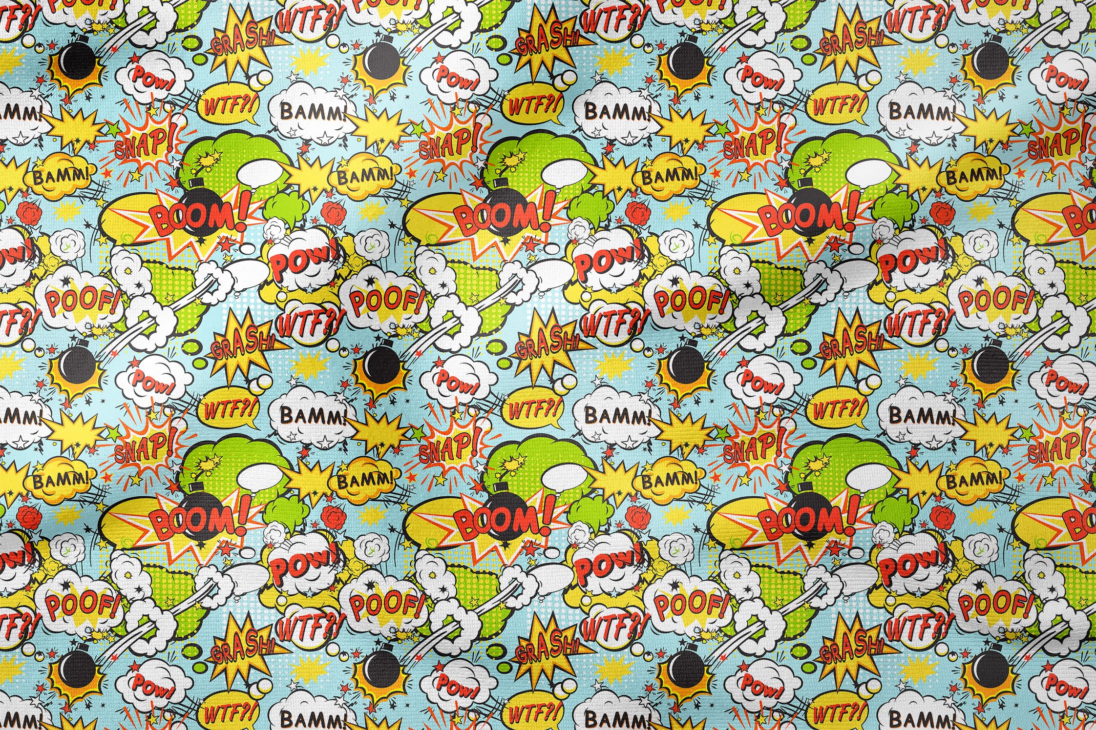 Turkuaz Zemin Üzerine Popart Desenli Dijital Baskılı Kumaş