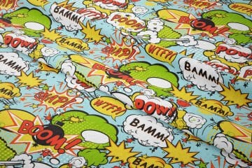 Turkuaz Zemin Üzerine Popart Desenli Dijital Baskılı Kumaş