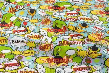 Turkuaz Zemin Üzerine Popart Desenli Dijital Baskılı Kumaş