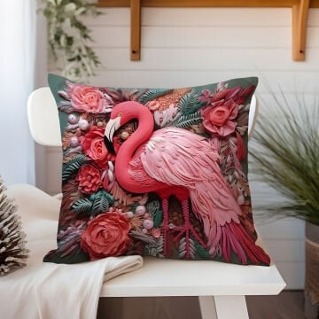 3D Flamingo Temalı Kırlent Paneli Dikilmemiş Kumaş