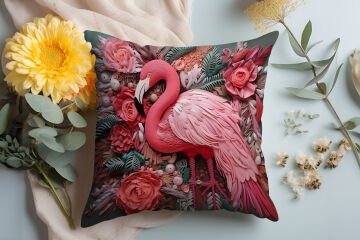 3D Flamingo Temalı Kırlent Paneli Dikilmemiş Kumaş