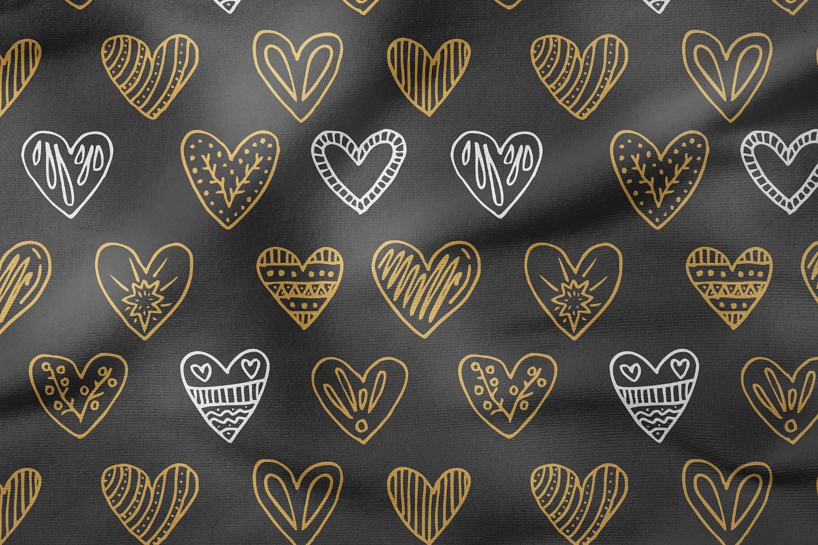 Sevgililer Günü Koleksiyonu-Füme Zemin Üzerinde Sarı Beyaz Kalpli Kumaş