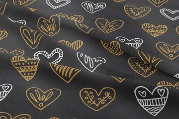Sevgililer Günü Koleksiyonu-Füme Zemin Üzerinde Sarı Beyaz Kalpli Kumaş