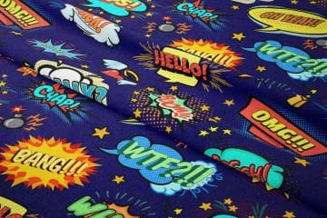 Popart Patterned Digital Printed Fabric on Navy Blue Background