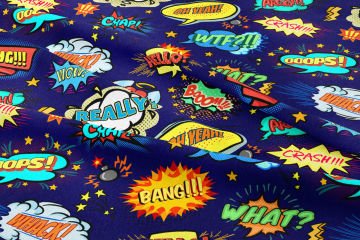 Popart Patterned Digital Printed Fabric on Navy Blue Background