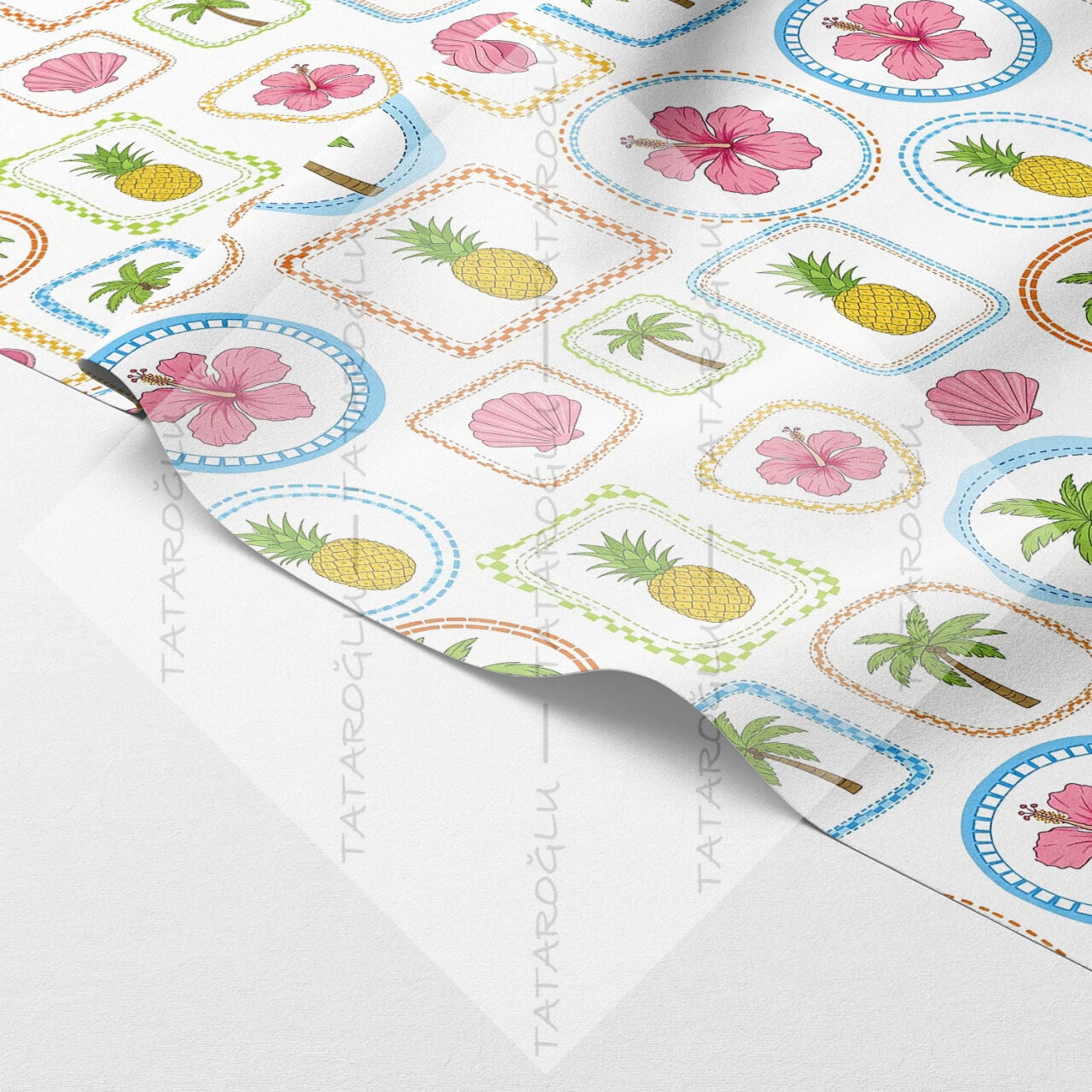 Akdeniz Ananas Palmiye Hibiskus Desenli Kumaş | Leke Tutmaz Dekoratif Kumaş 143 cm