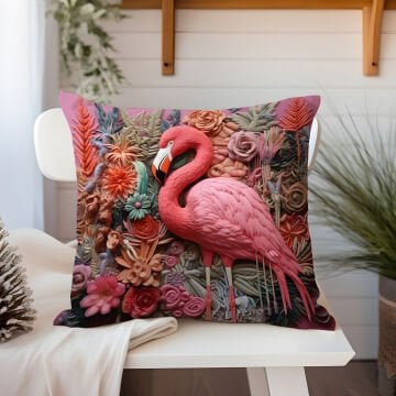 3D Flamingo Temalı Kırlent Paneli Dikilmemiş Kumaş