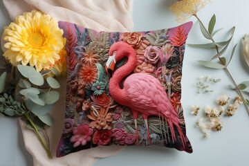 3D Flamingo Temalı Kırlent Paneli Dikilmemiş Kumaş
