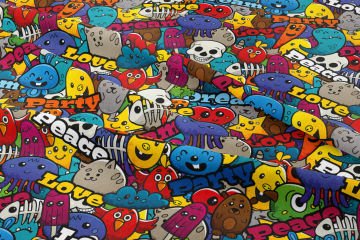 Eğlenceli Renkli Karakterli Popart Desenli Dijital Baskılı Kumaş