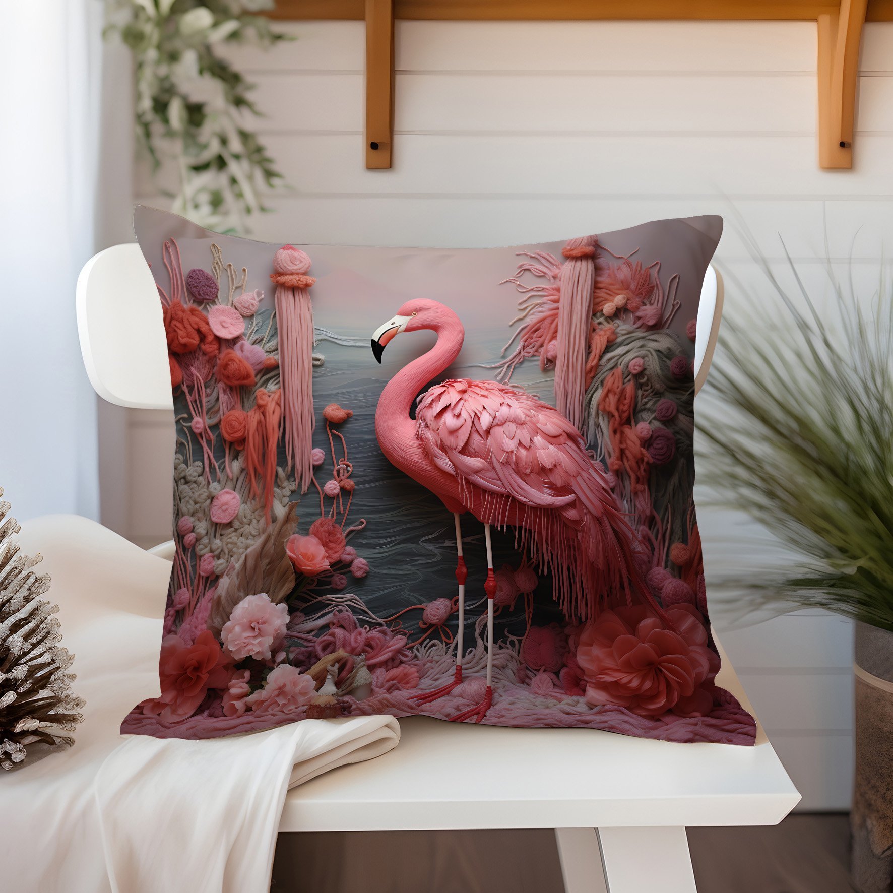 3D Flamingo Temalı Kırlent Paneli Dikilmemiş Kumaş