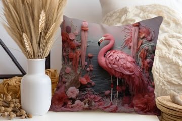 3D Flamingo Temalı Kırlent Paneli Dikilmemiş Kumaş