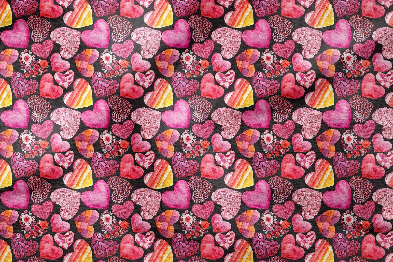 Sevgililer Günü Koleksiyonu-Siyah Zeminli Renkli İçi Stilize Desenli Kalpler