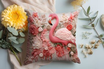 3D Flamingo Temalı Kırlent Paneli Dikilmemiş Kumaş