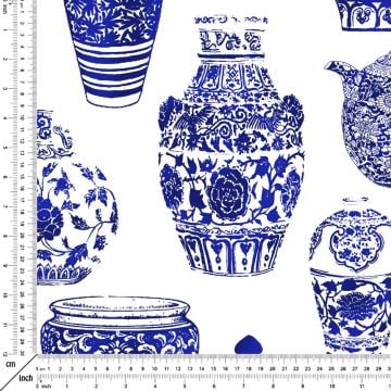 Beyaz Zemin Üzerine Saks Mavi Vazo Desenli Kumaş(SONBAHAR İNDİRİMİ)