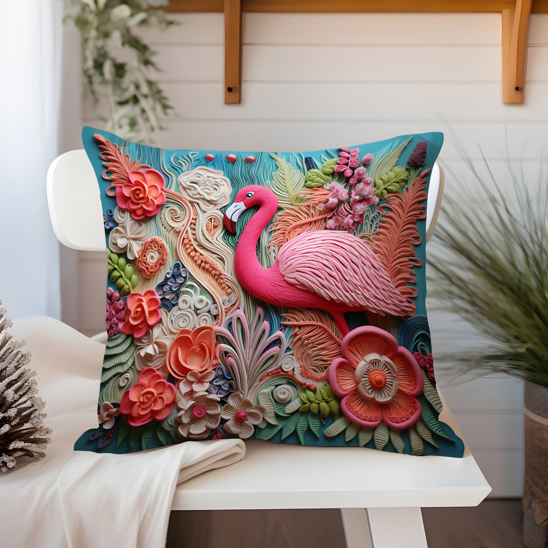3D Flamingo Temalı Kırlent Paneli Dikilmemiş Kumaş
