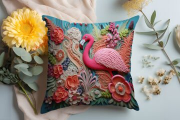 3D Flamingo Temalı Kırlent Paneli Dikilmemiş Kumaş