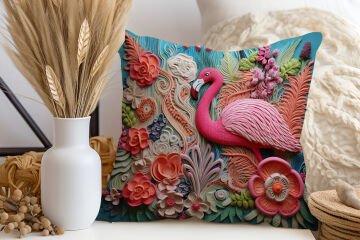 3D Flamingo Temalı Kırlent Paneli Dikilmemiş Kumaş