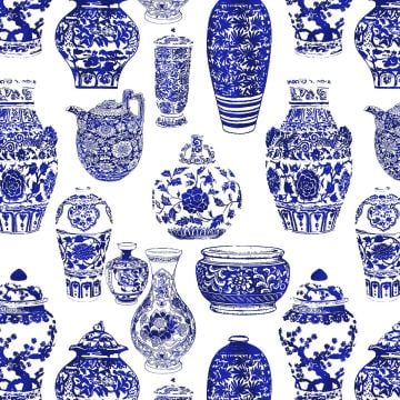 Beyaz Zemin Üzerine Saks Mavi Vazo Desenli Kumaş(SONBAHAR İNDİRİMİ)