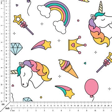 Beyaz Zemin Üzerine Unicorn Desenli Dijital Baskılı Kumaş
