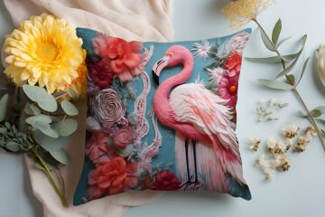 3D Flamingo Temalı Kırlent Paneli Dikilmemiş Kumaş