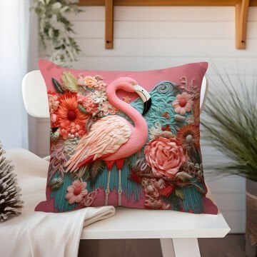 3D Flamingo Temalı Kırlent Paneli Dikilmemiş Kumaş