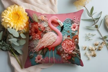 3D Flamingo Temalı Kırlent Paneli Dikilmemiş Kumaş