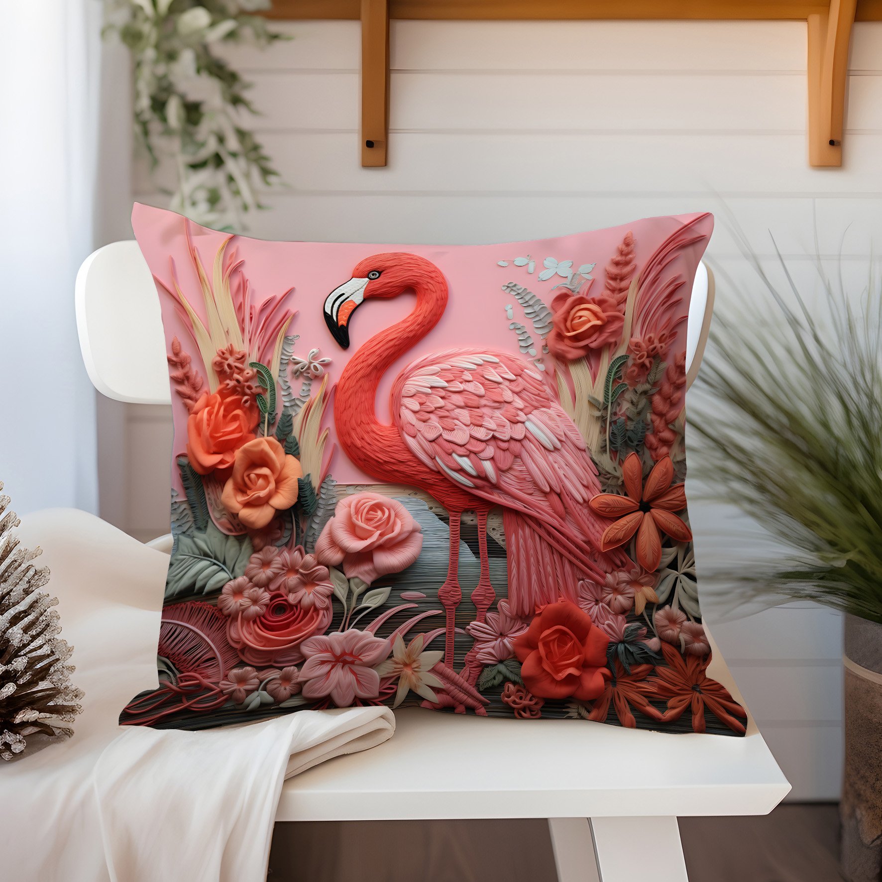 3D Flamingo Temalı Kırlent Paneli Dikilmemiş Kumaş
